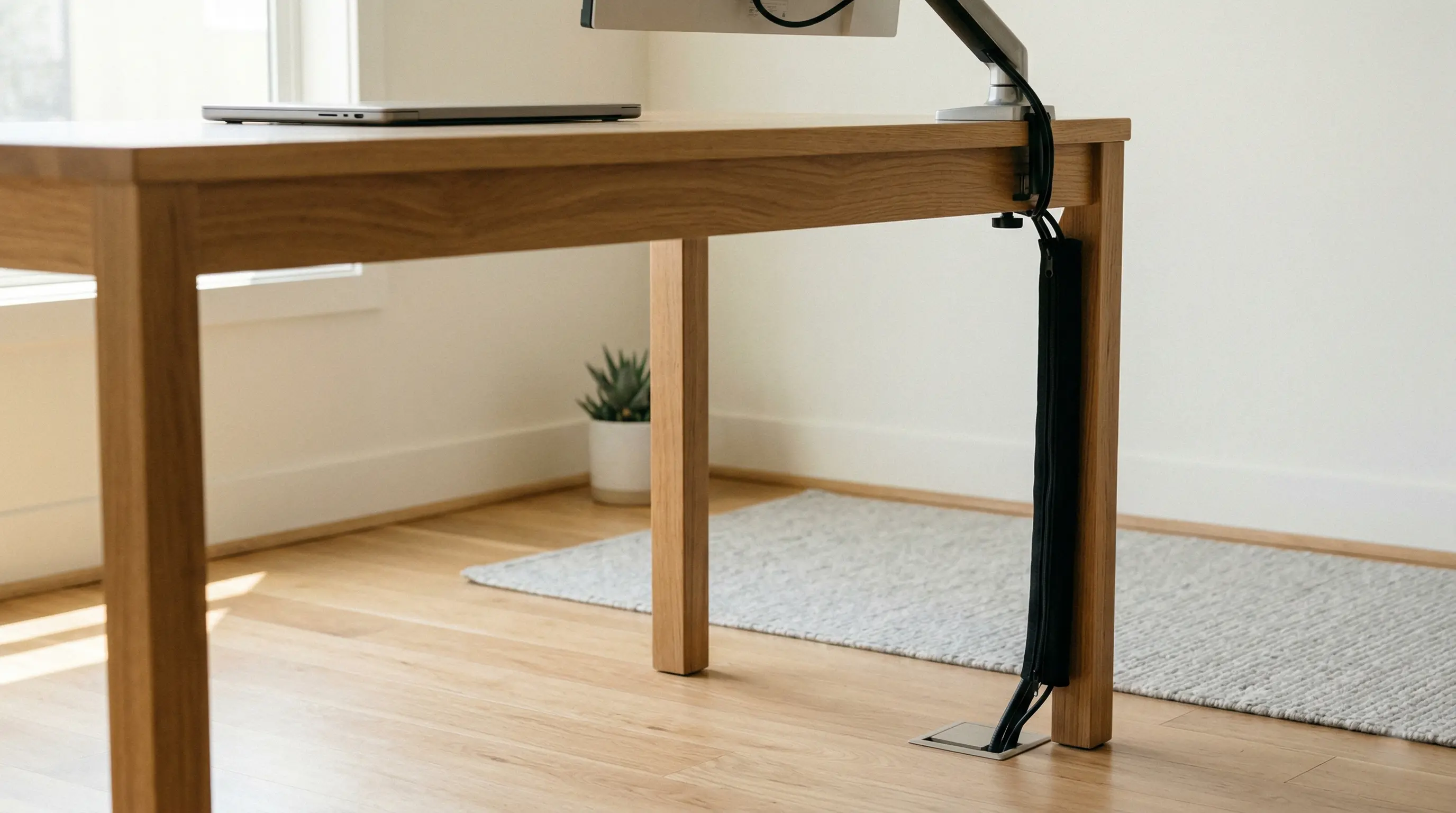 A pristine minimalist desk showing zero visible wires, achieving true visual silence
