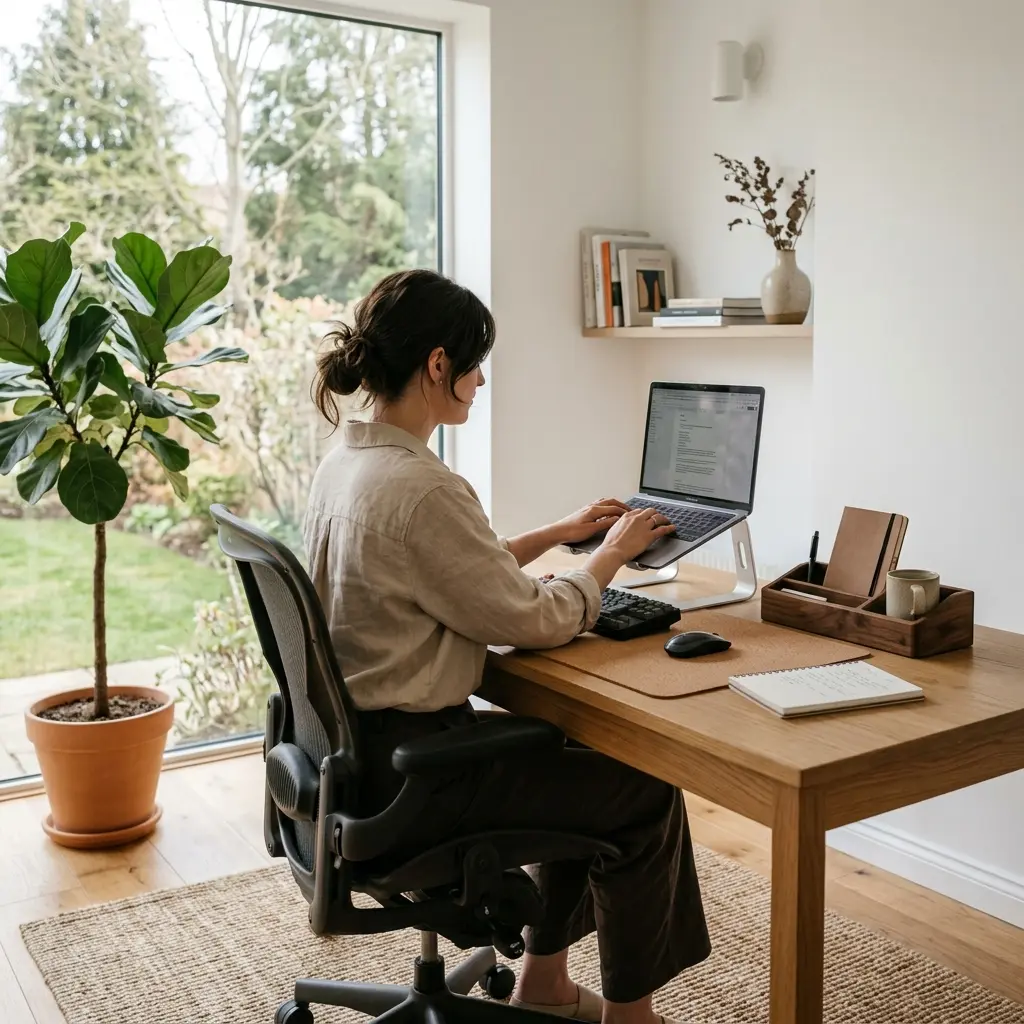 A professional engaging in remote work in a perfectly designed minimalist home office with natural lighting