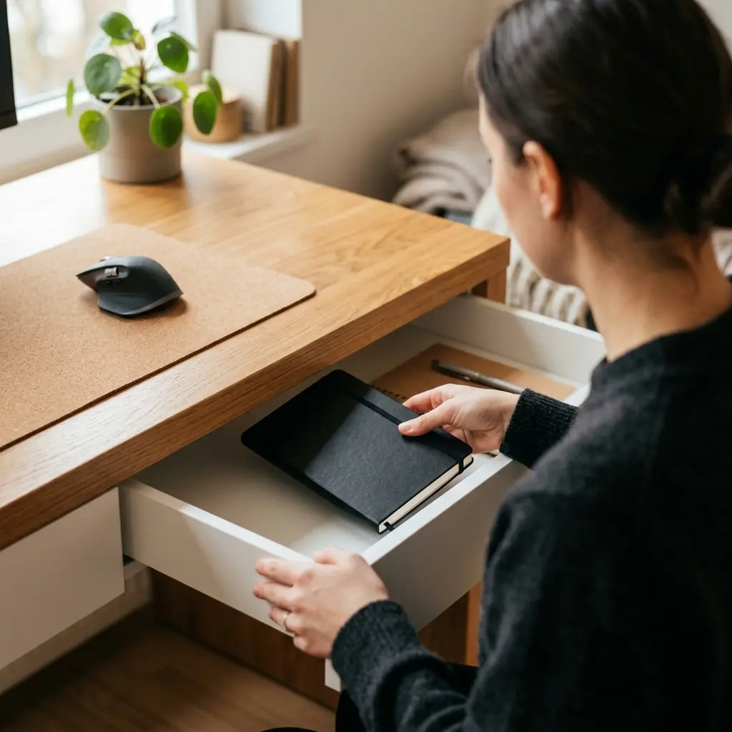 A professional placing a notebook into a closed drawer, leaving the minimalist desk surface completely clear
