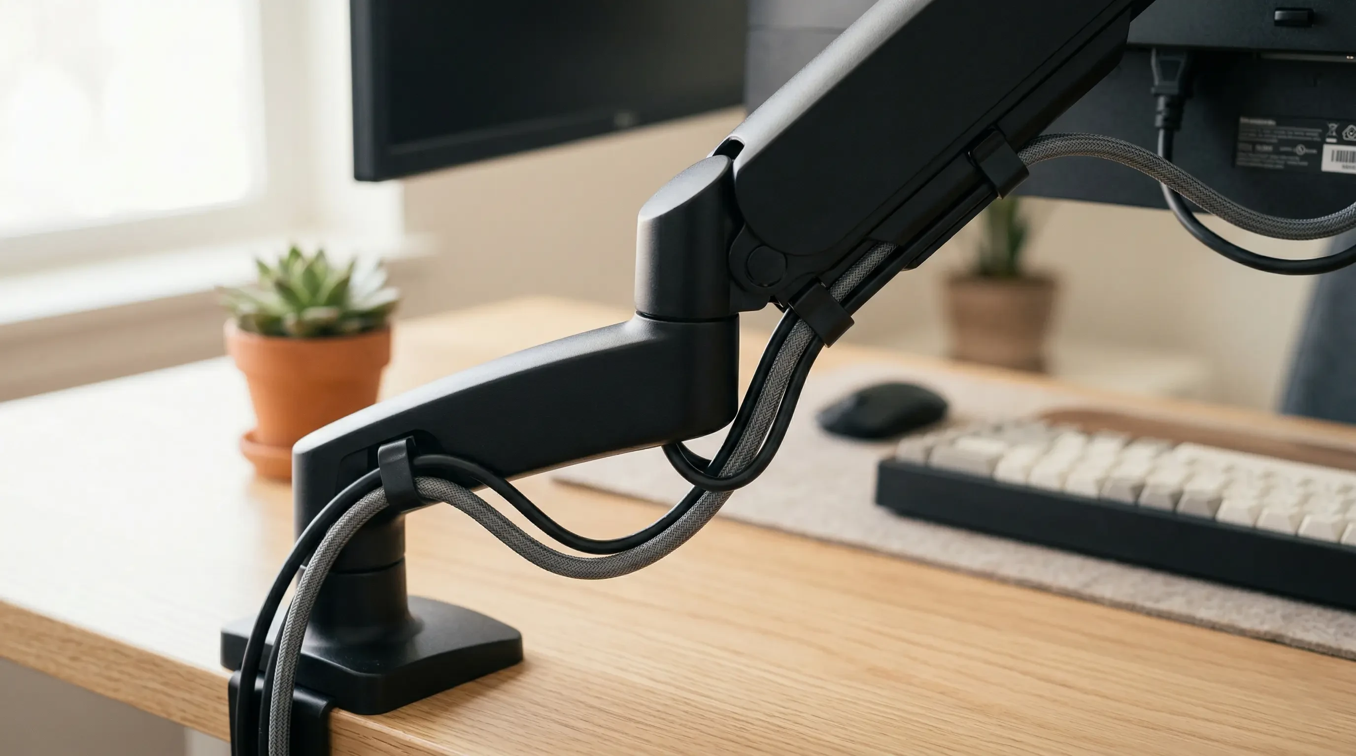 A close up showing thick display cables routed neatly down the spine of an articulating monitor arm