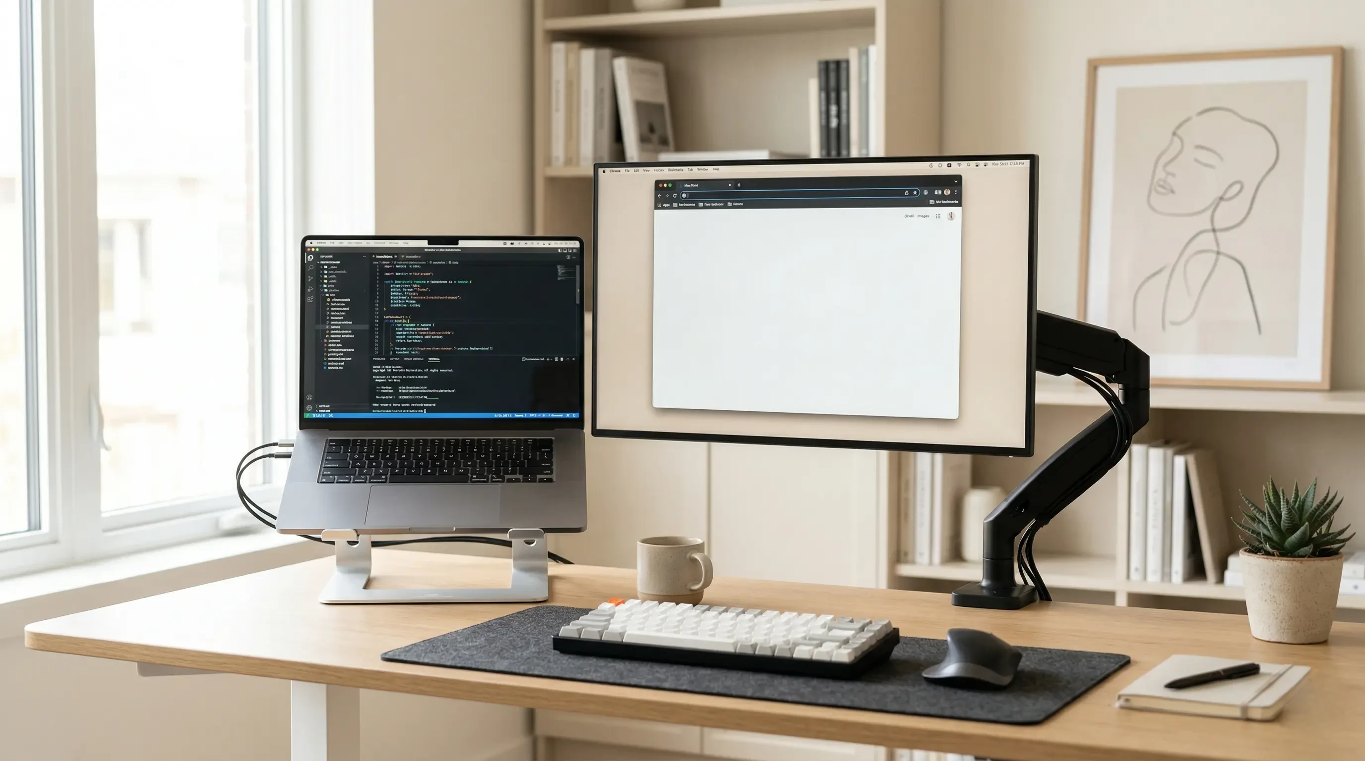 A dual display setup featuring a mounted monitor seamlessly aligned next to an elevated laptop on an aluminum stand