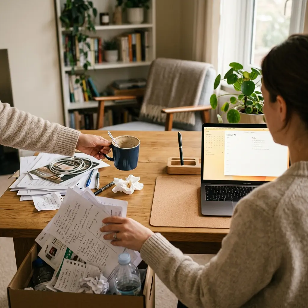 A professional clearing a cluttered desk to establish a minimalist baseline for deep work