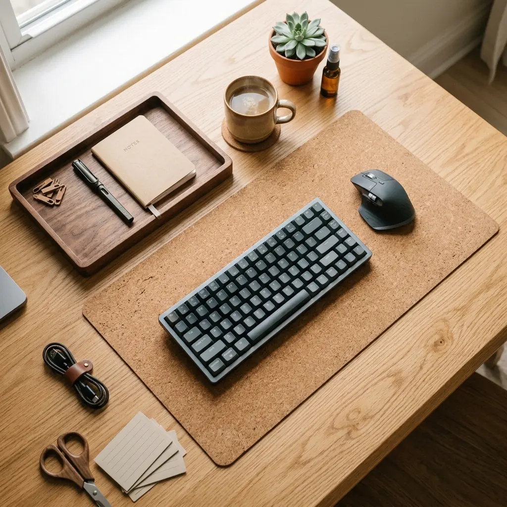 Overhead view of a minimalist desk showing clear physical boundaries with a cork mat and wood organizer