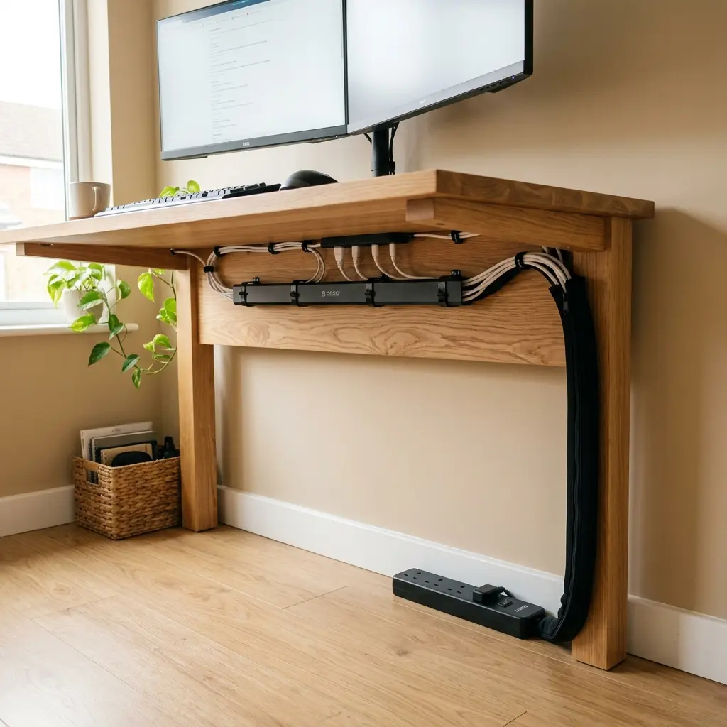 A perfectly managed desk showing zero visible wires, enhancing the feeling of a calm workspace