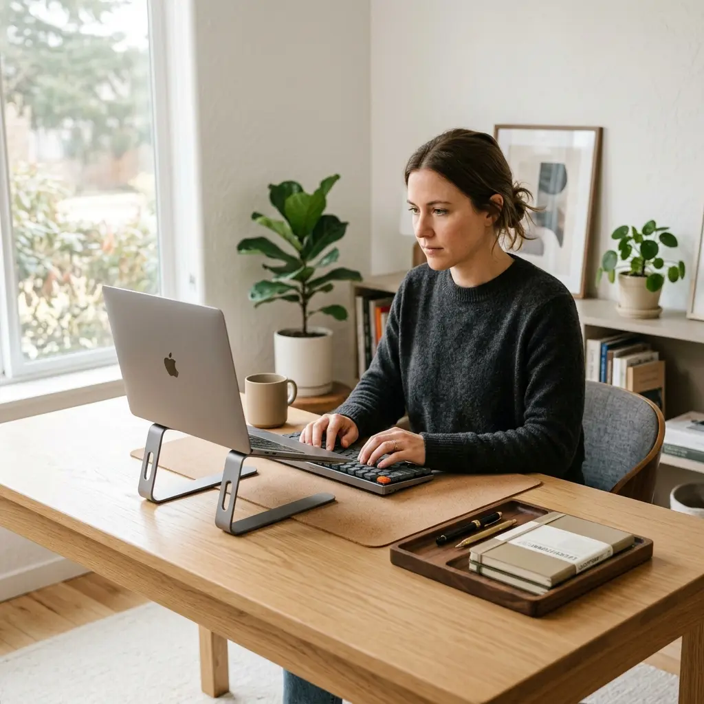 Organize desk for deep work: A professional engaging in deep work at a perfectly organized minimalist desk bathed in natural light