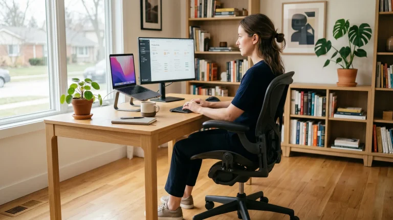 Prevent lower back pain sitting: A professional sitting at a desk with perfect lumbar support and posture