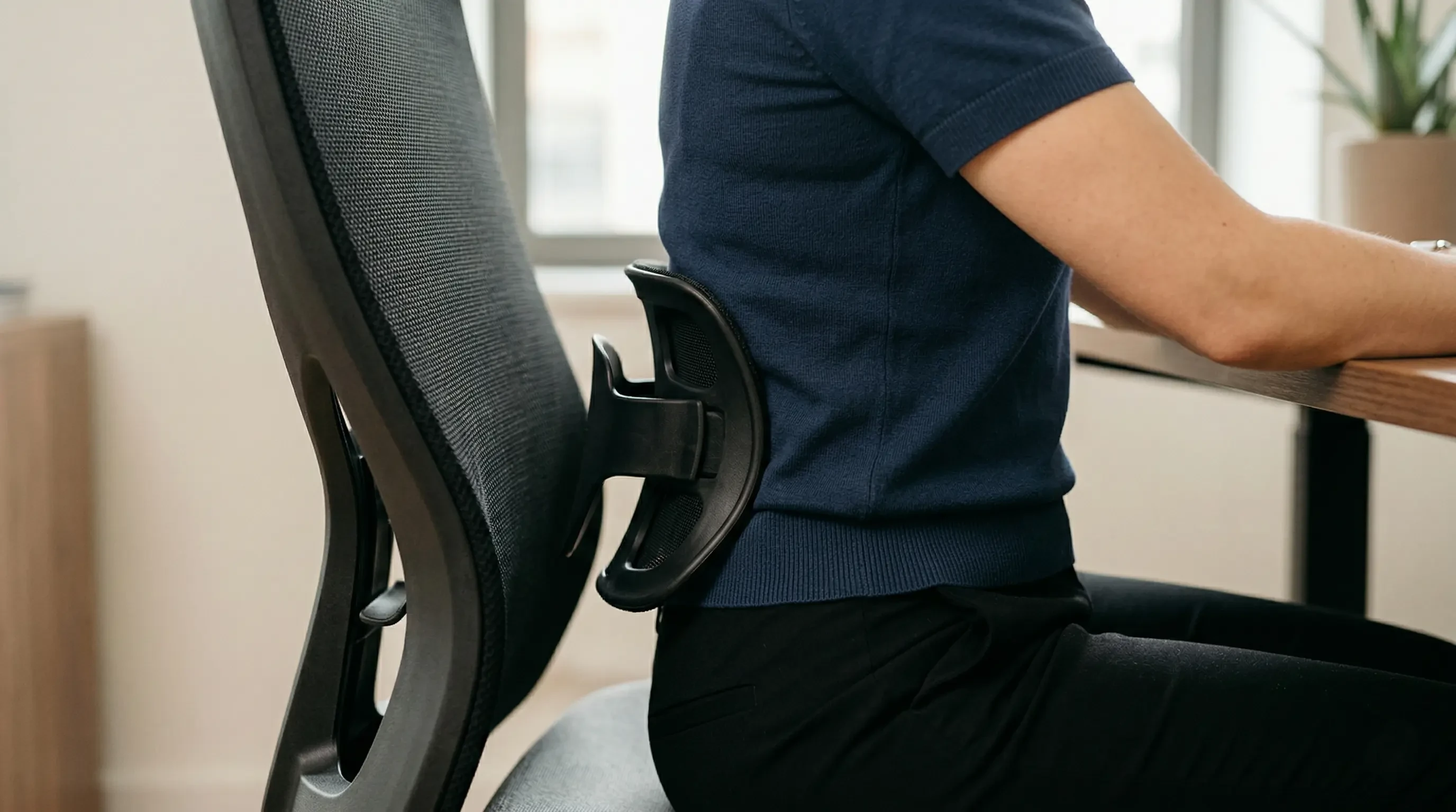 A close up showing an ergonomic chair's lumbar support perfectly fitting the curve of the user's lower back