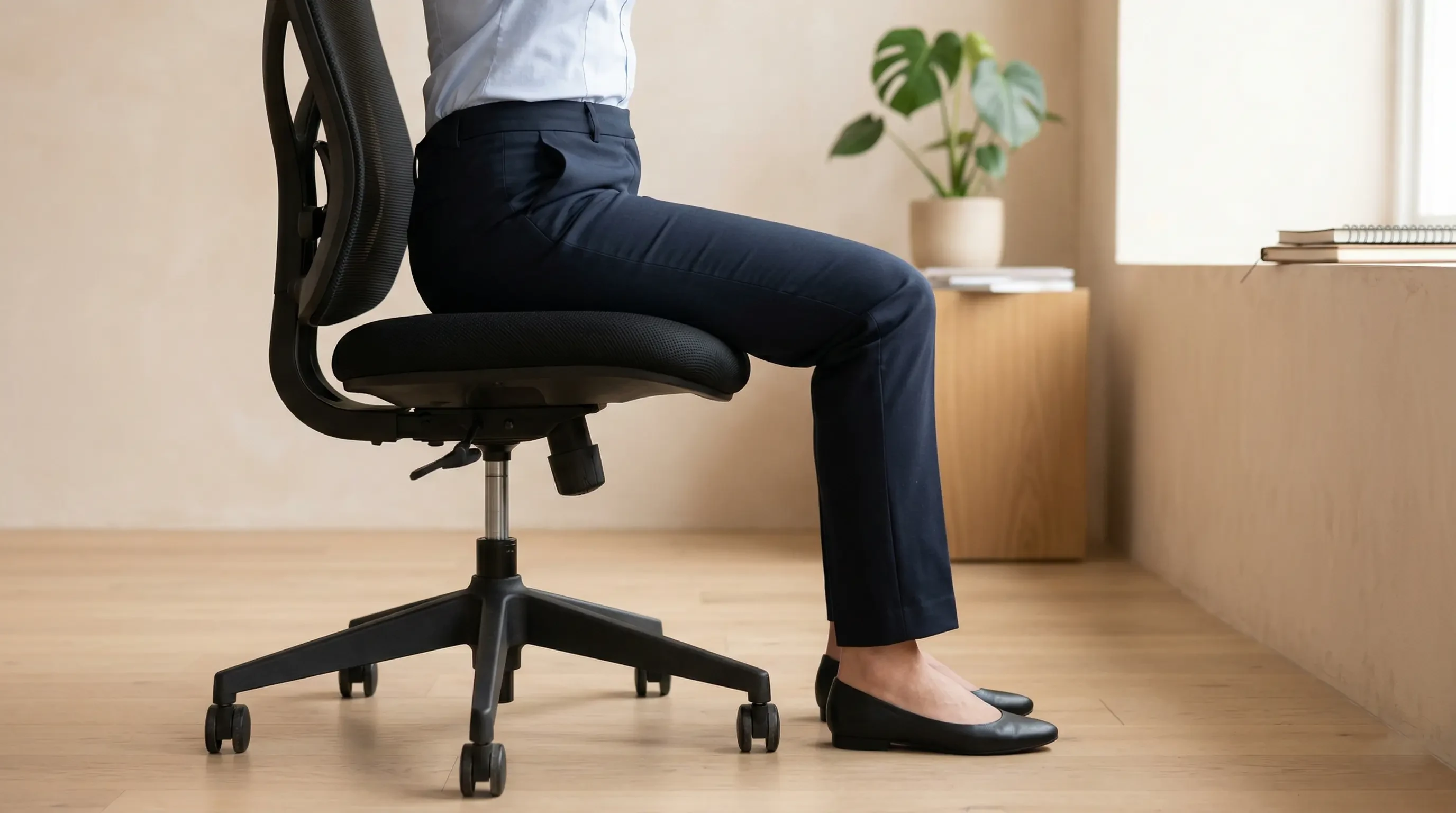 A diagrammatic profile showing the 90-degree leg angle and a neutral pelvic tilt