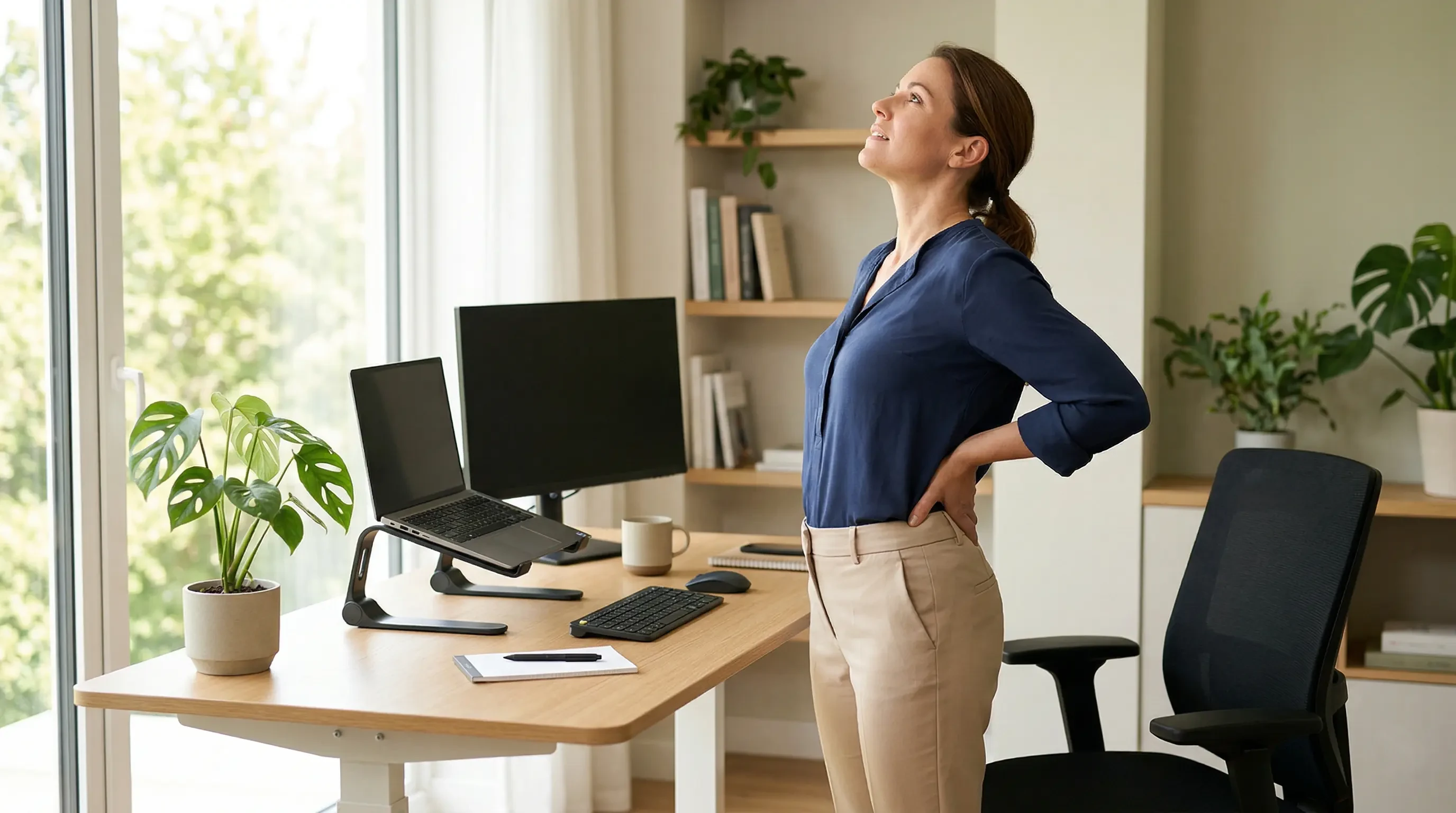 A professional standing up beside their desk and gently stretching their lower back