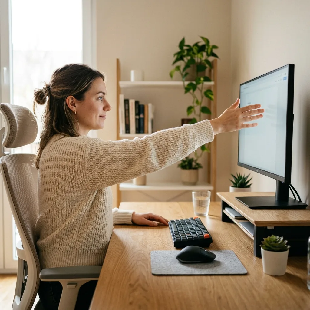 A professional sitting exactly one arm's length away from an elevated dual monitor setup