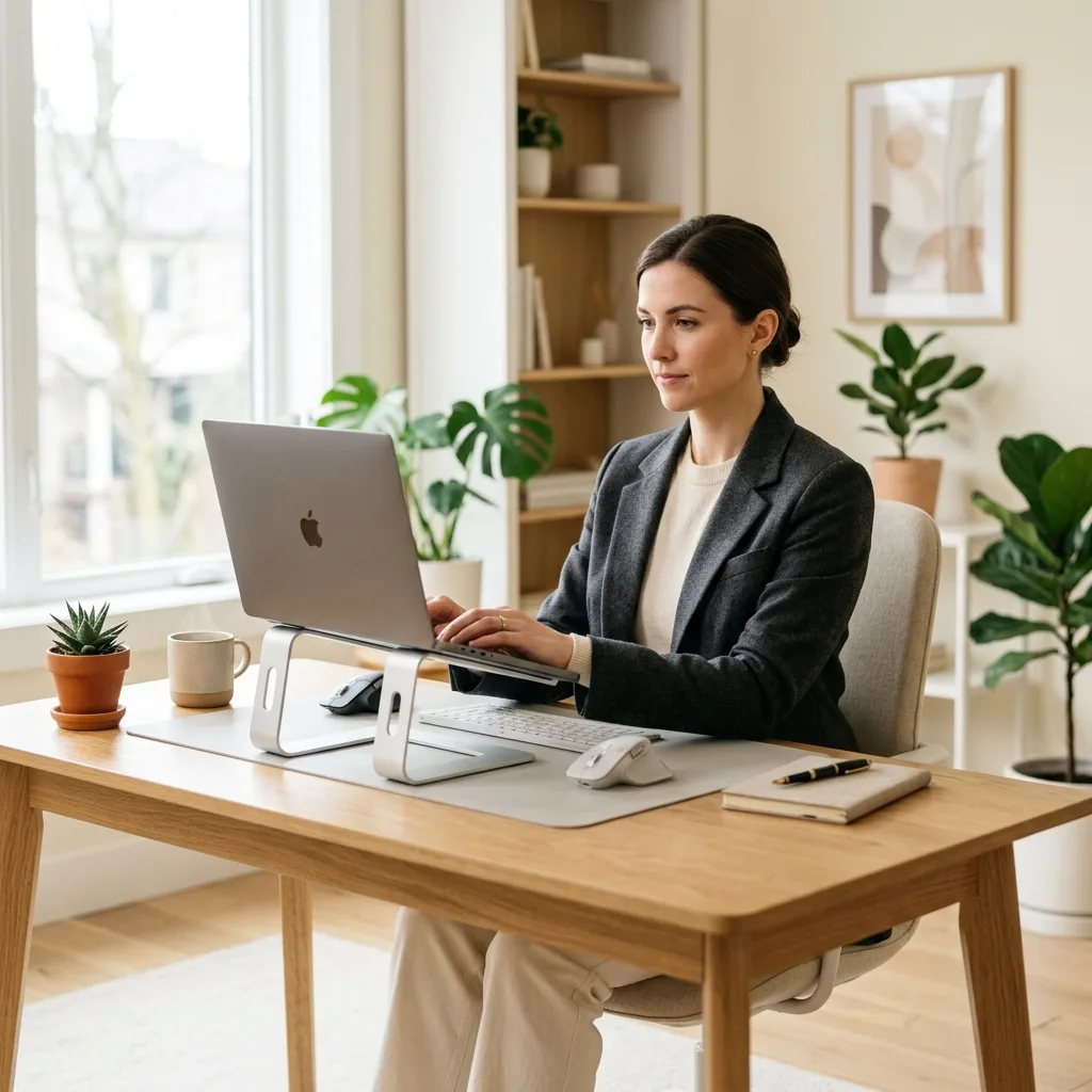 A professional maintaining perfect upright posture at a minimalist ergonomic desk setup