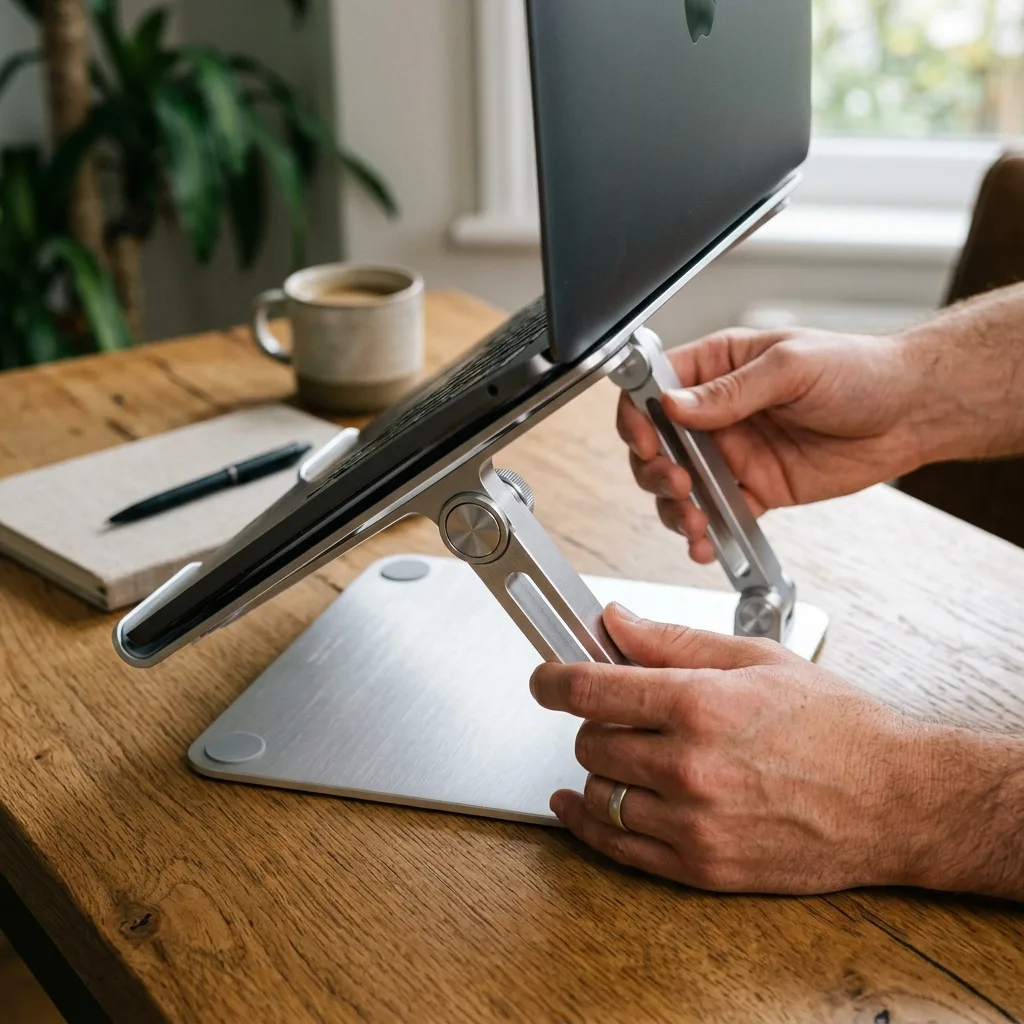 Hands adjusting the height of an ergonomic aluminum laptop stand to eye level