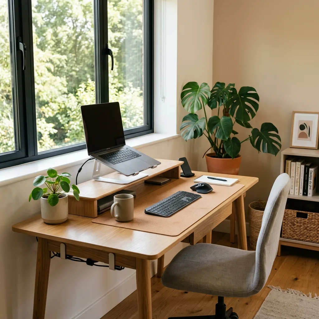 A fully optimized ergonomic workstation bathed in natural light, showcasing health and productivity