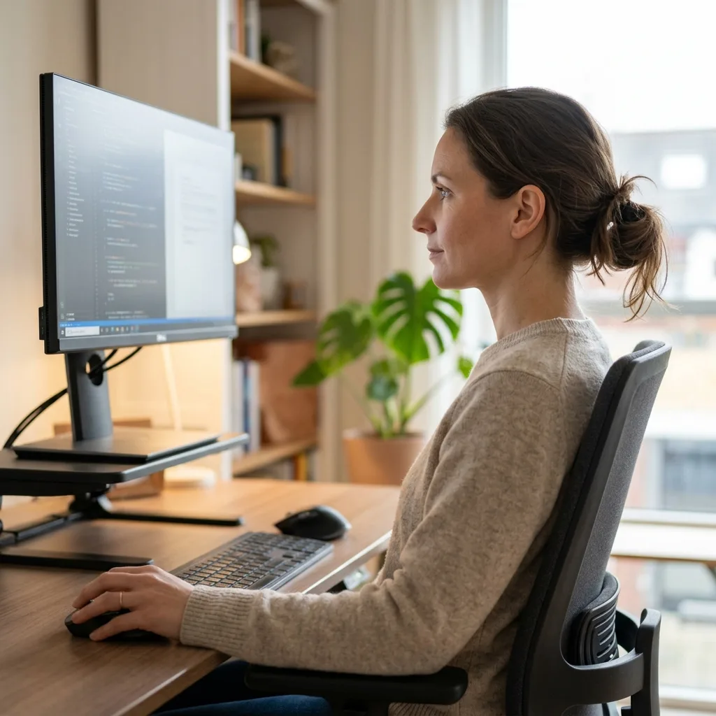A close up showing proper alignment of the neck and spine while viewing an elevated monitor
