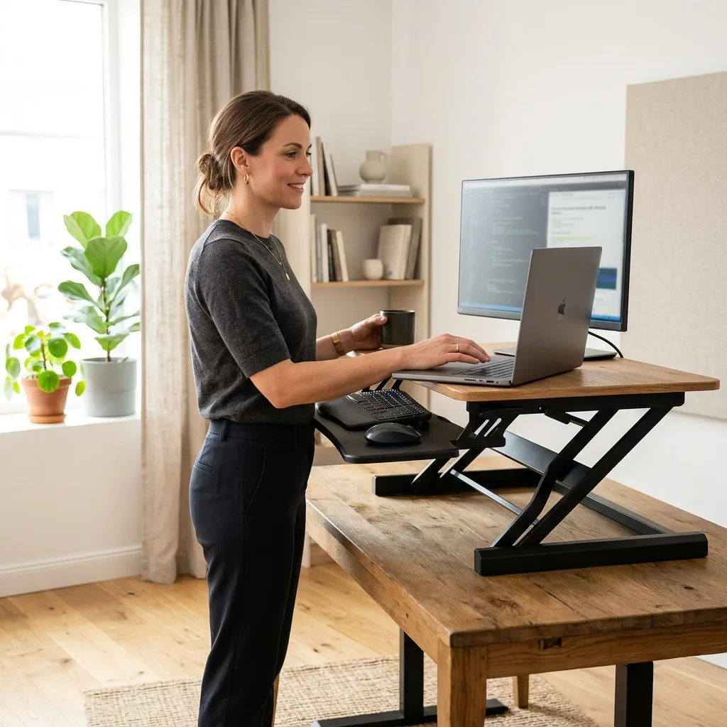 An individual seamlessly transitioning from sitting to a standing desk while maintaining proper posture