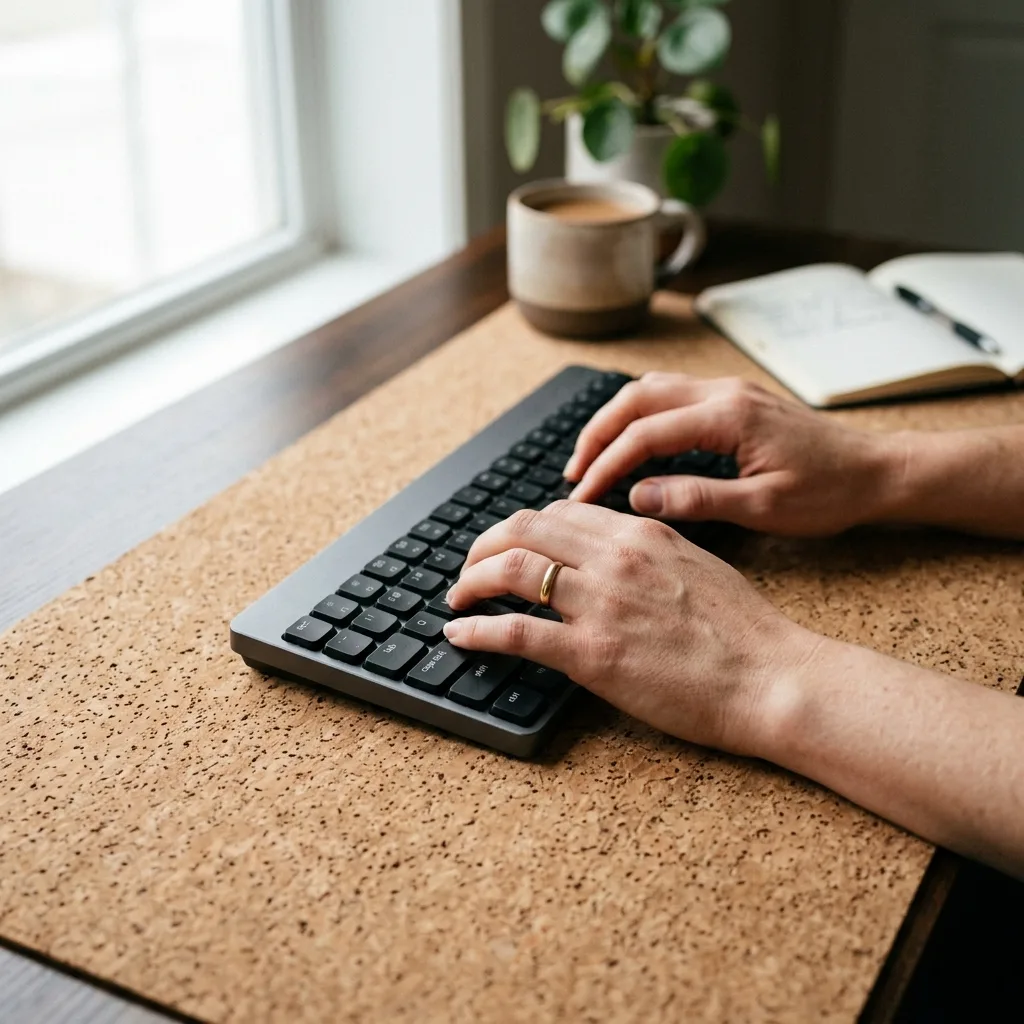 Close up detail of neutral flat wrists resting on a natural cork desk mat while typing