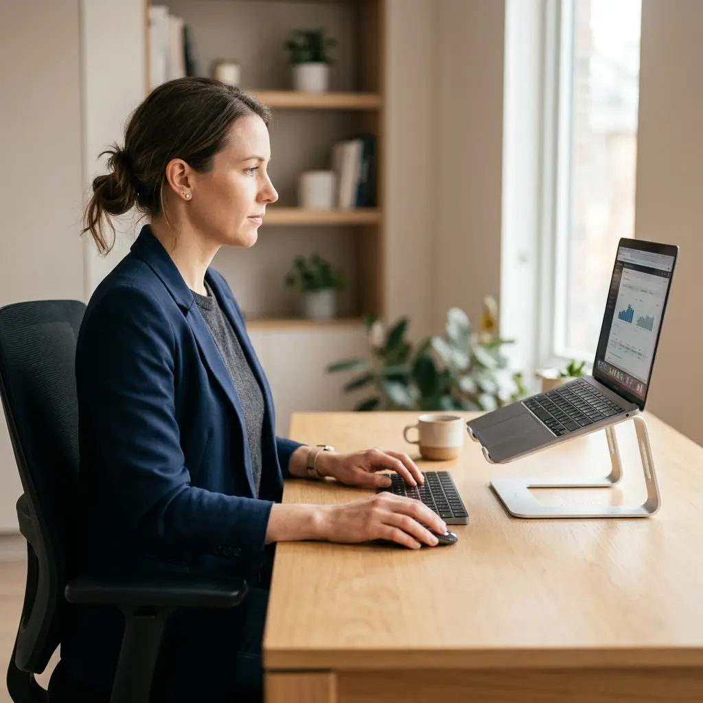 A professional looking incredibly focused while working at a pristine, distraction-free desk