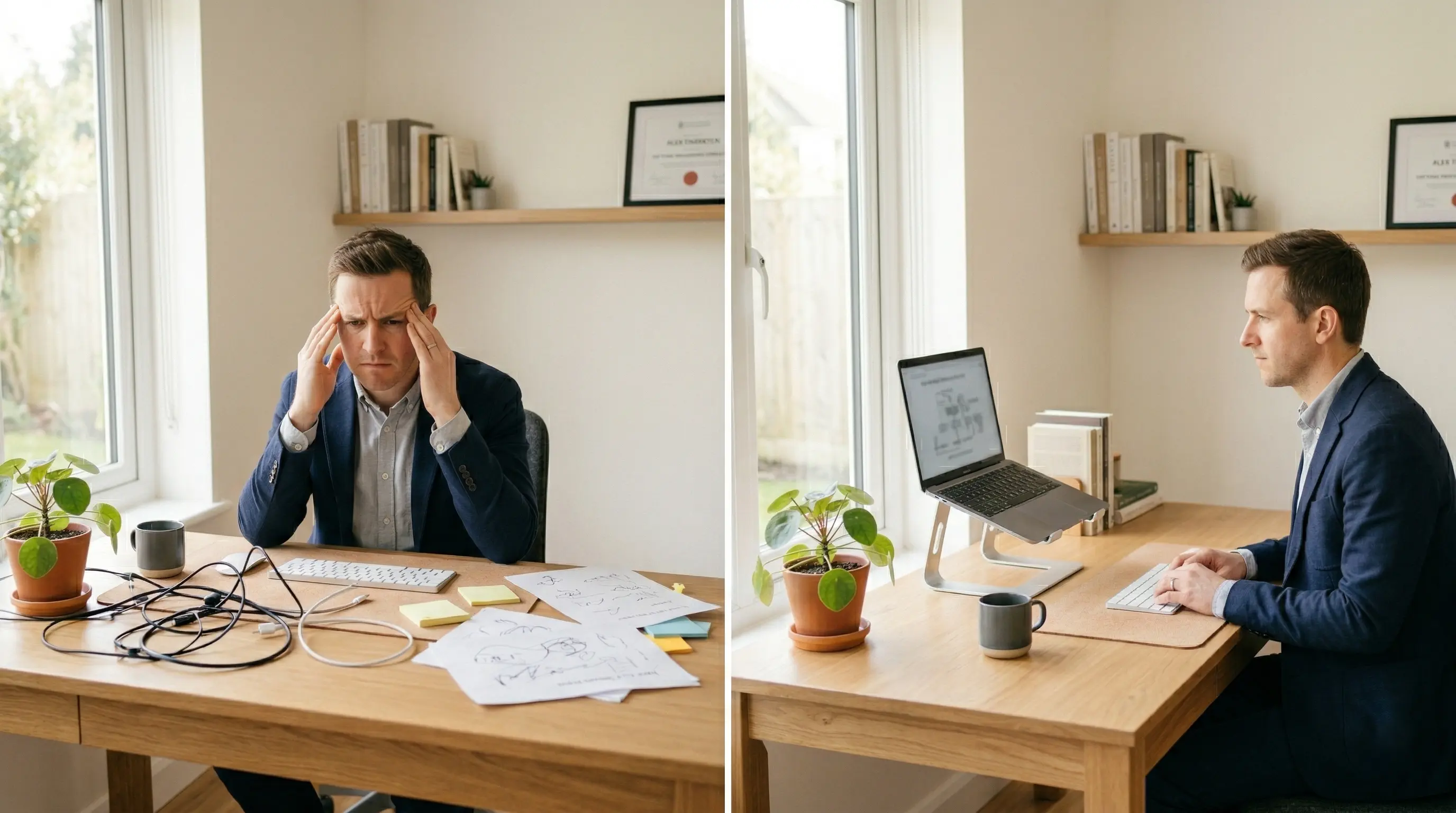 A professional looking stressed at a messy desk contrasted with a calm professional at an organized desk