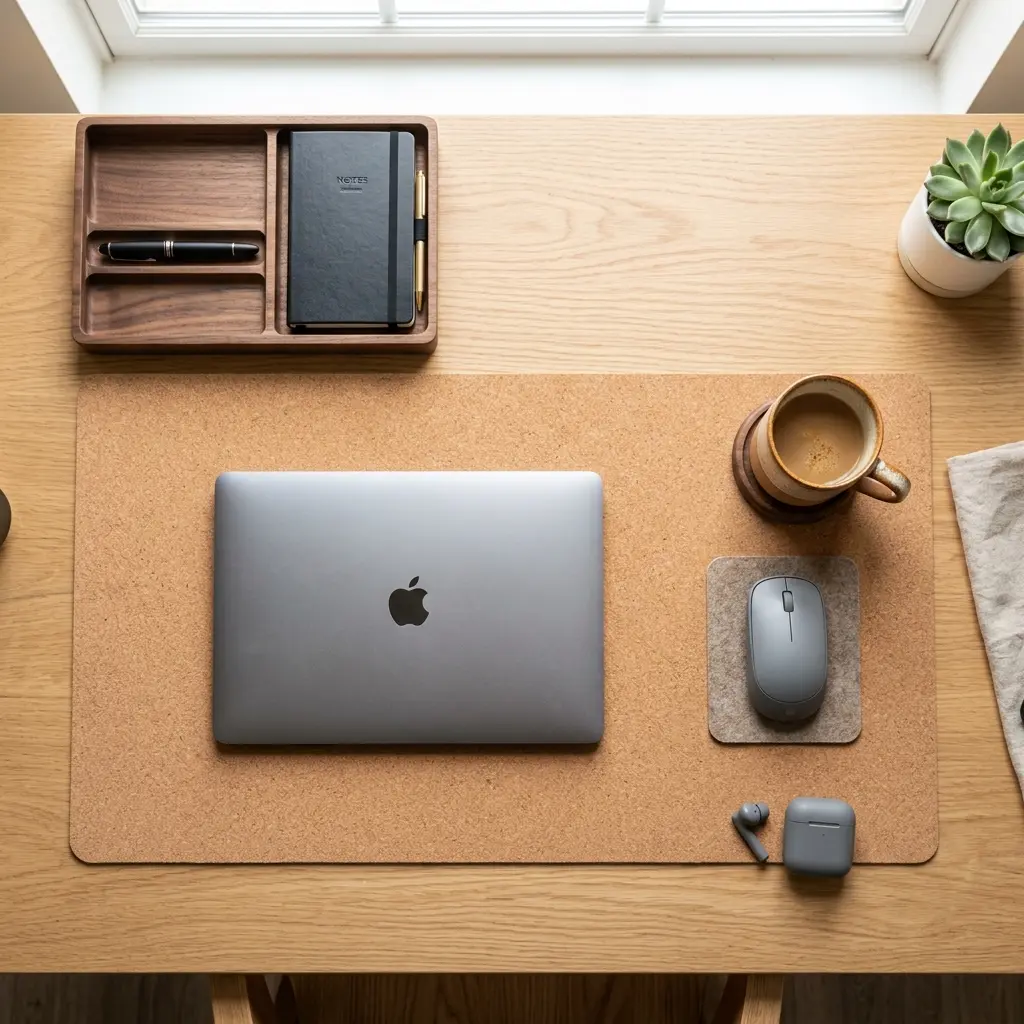 A beautiful solid wood desk organizer holding only essential tools to maintain a calm workspace