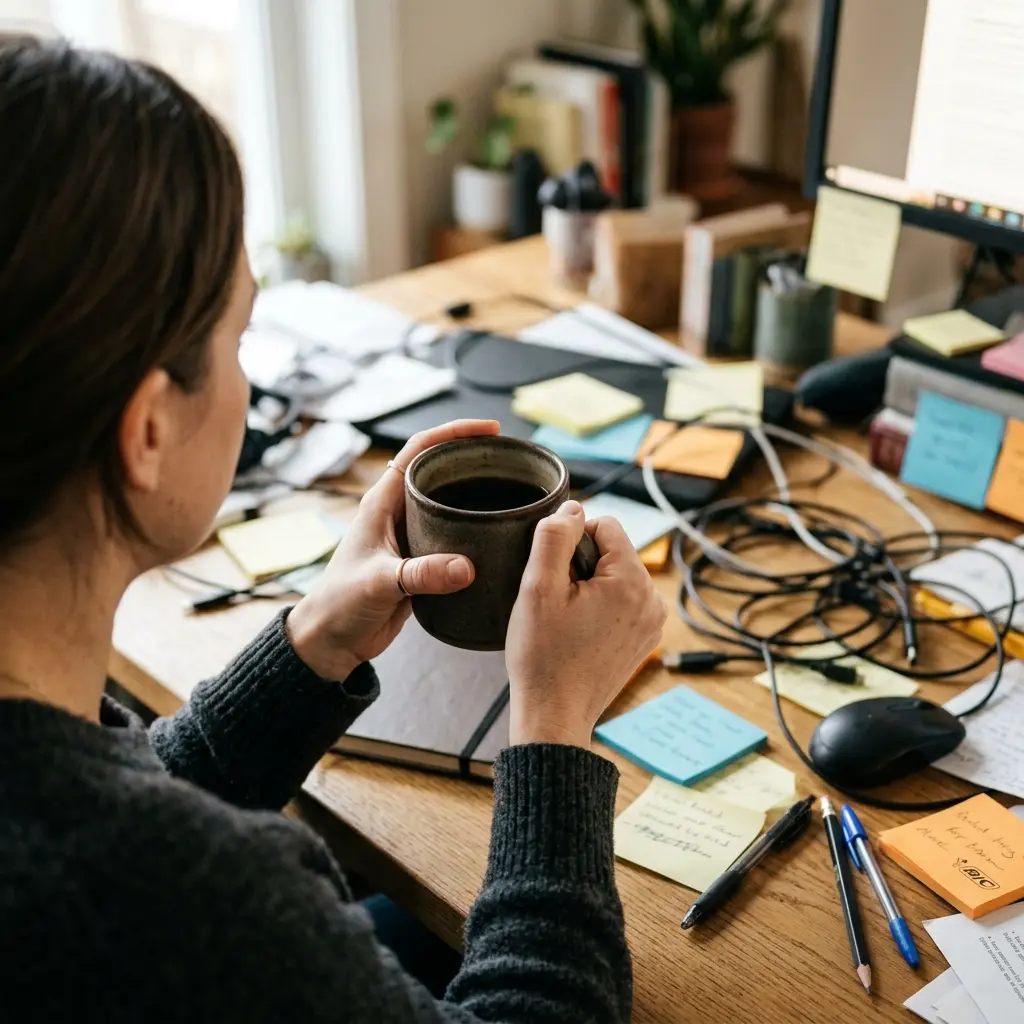 A close up of a person's hands tensely gripping a coffee mug amidst a chaotic, cluttered desk surface