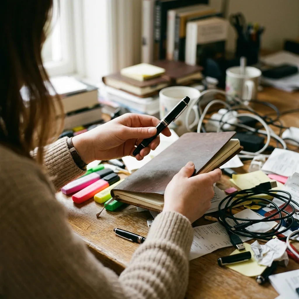 A professional sorting through a pile of typical desk accessories, selecting only the essentials