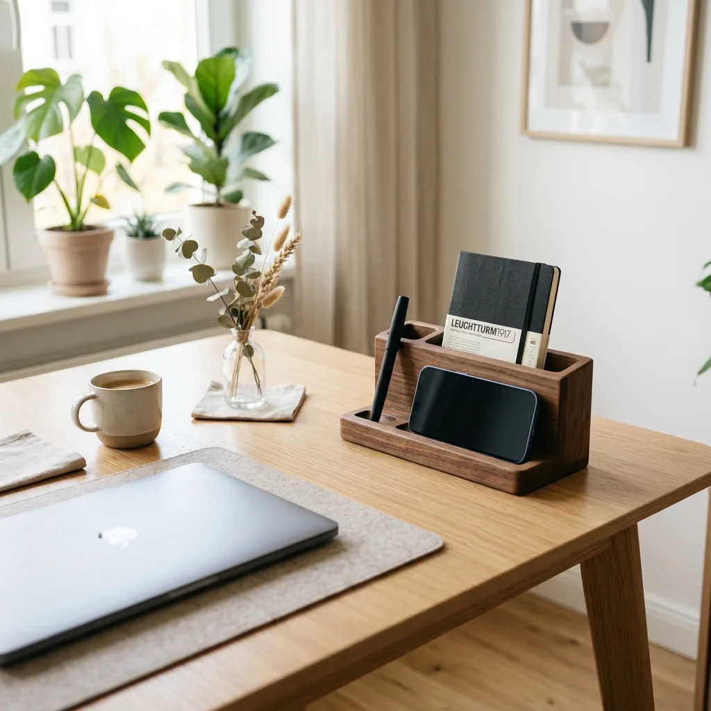 A perfectly curated minimalist workspace featuring a solid wood desk organizer holding essential tools