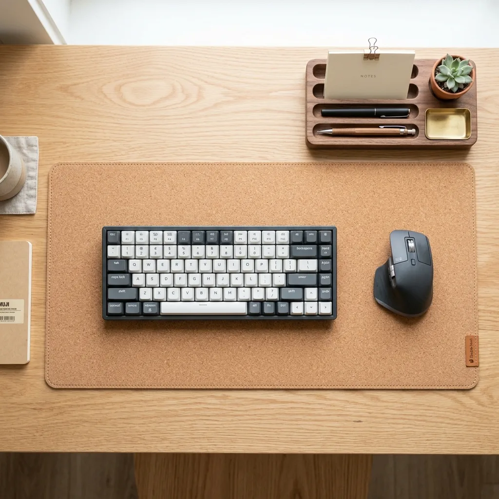 Overhead view showing the precise placement of a solid wood desk organizer in the top right corner of a desk