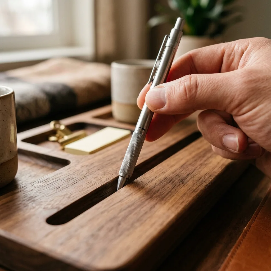Hands carefully placing a premium metal pen into the designated slot of a walnut wood organizer