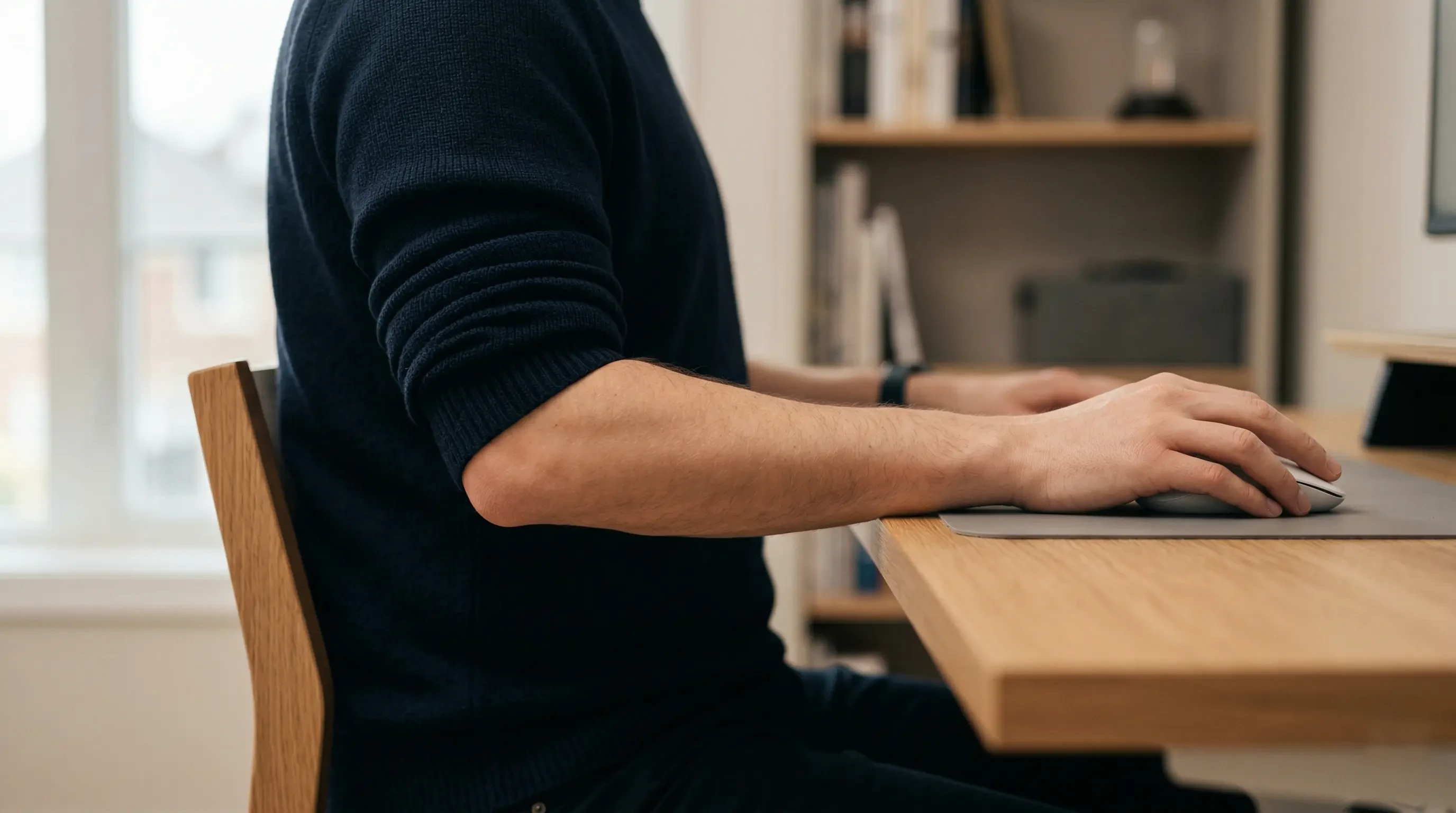 A close up showing a professional's elbows resting perfectly at a 90-degree angle relative to the desk surface