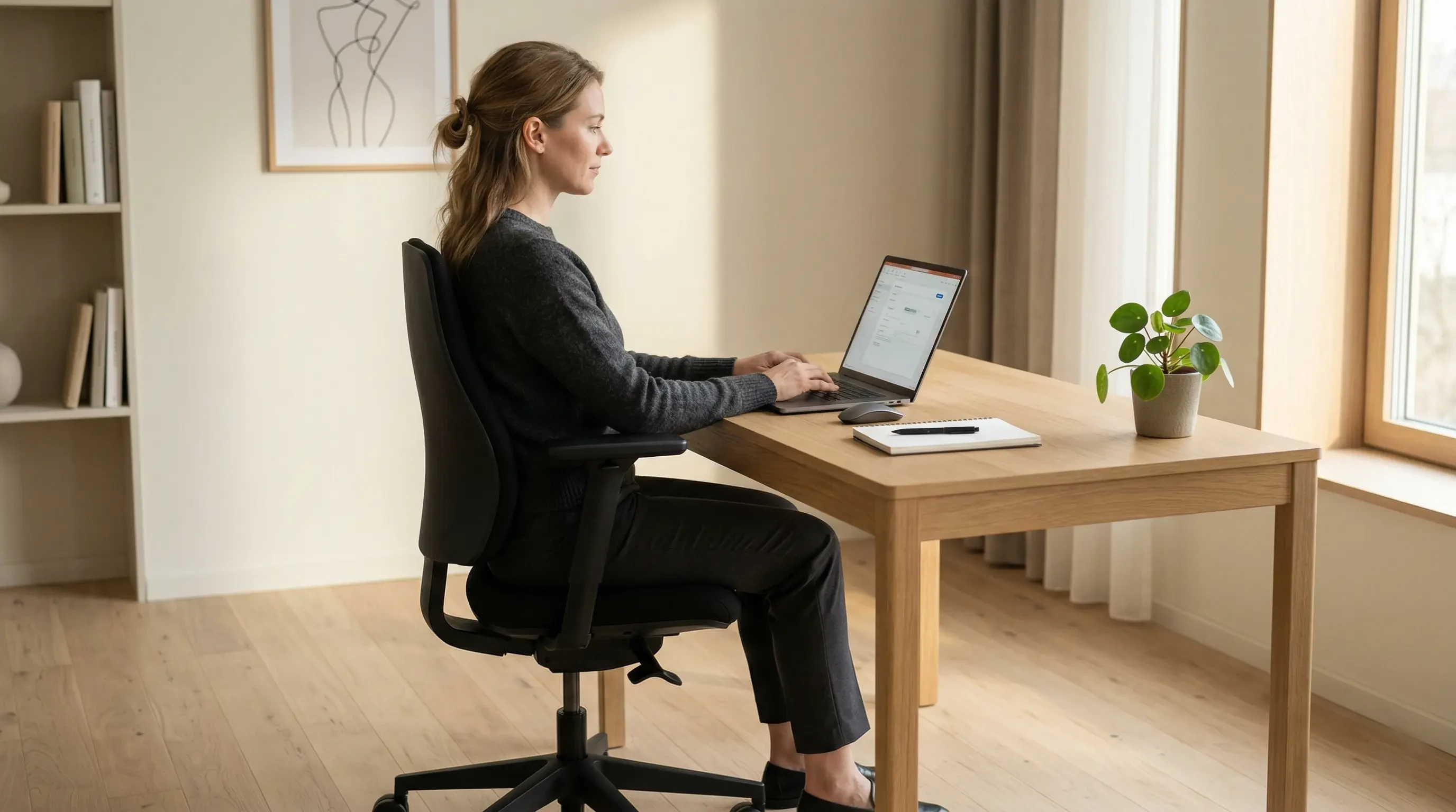 A professional demonstrating the perfect relationship between an ergonomic chair and a standard height desk