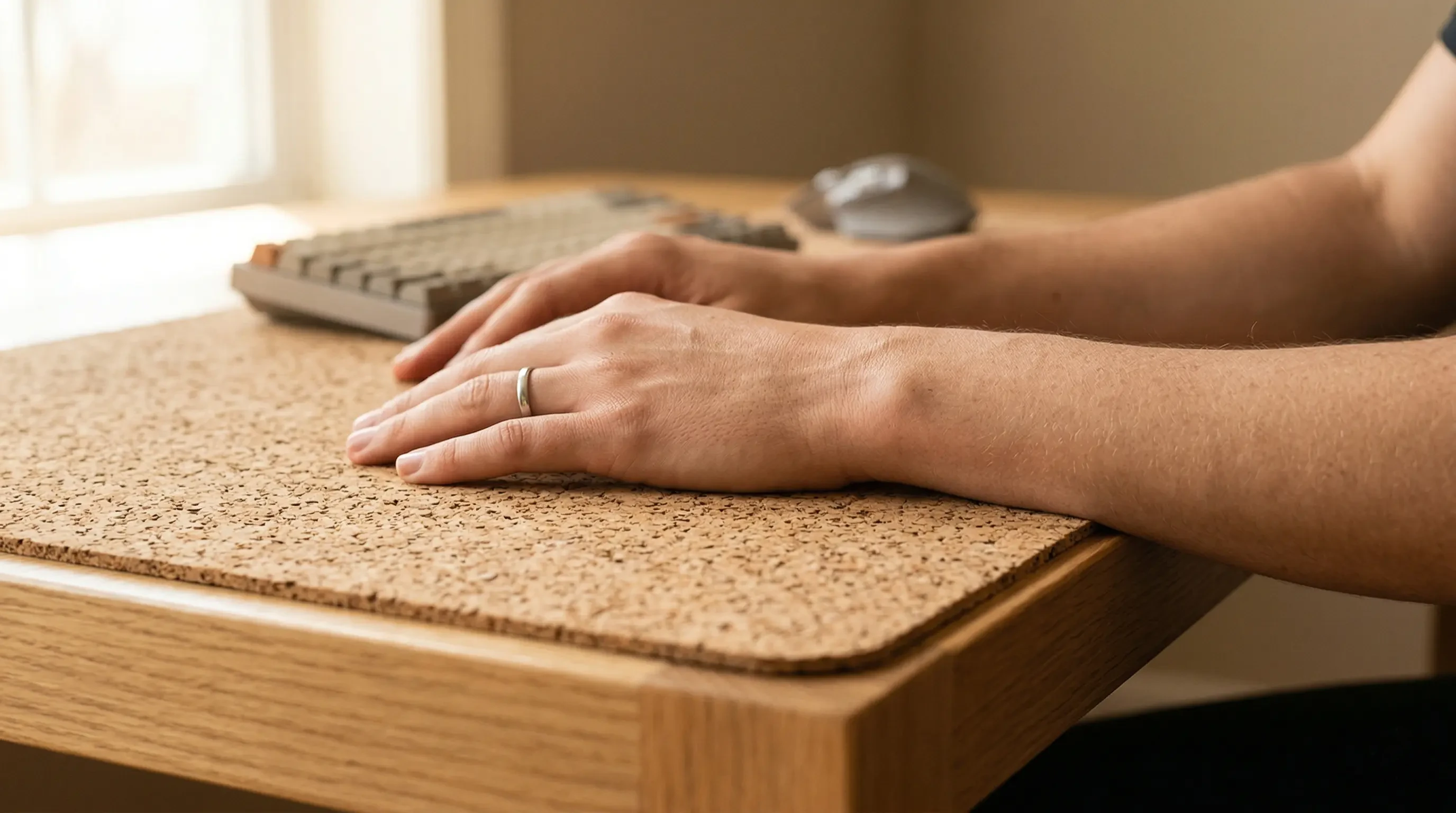 A professional's wrists resting comfortably on a large natural cork mouse pad desk mat
