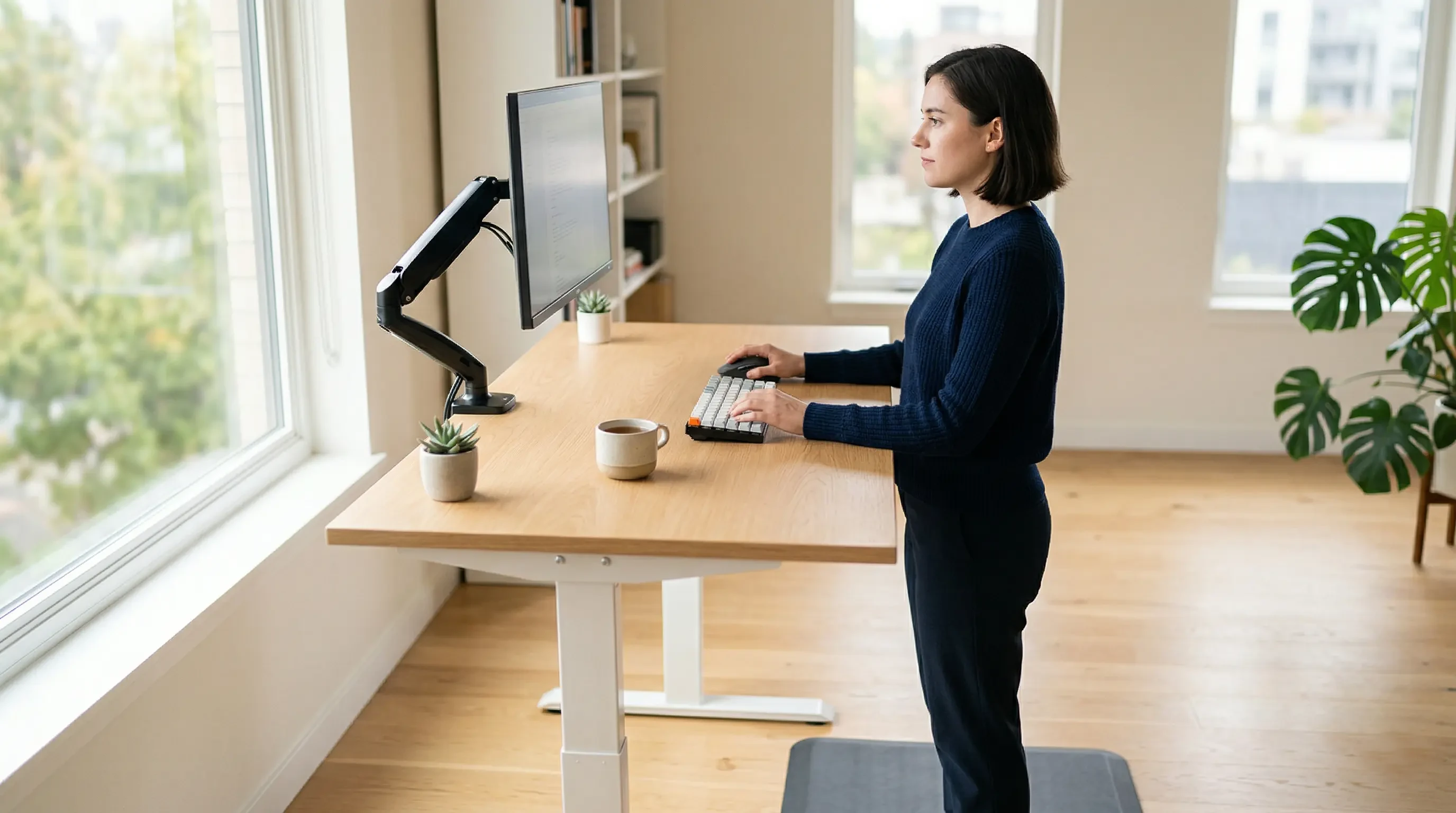A professional demonstrating the 90-degree elbow rule while using an adjustable standing desk