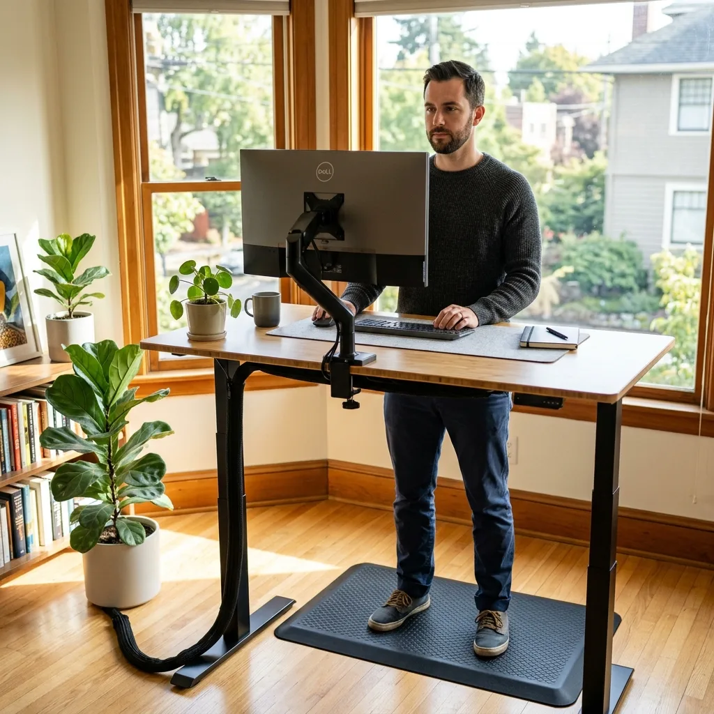Side-by-side diagram showing perfect elbow and eye alignment in both sitting and standing postures