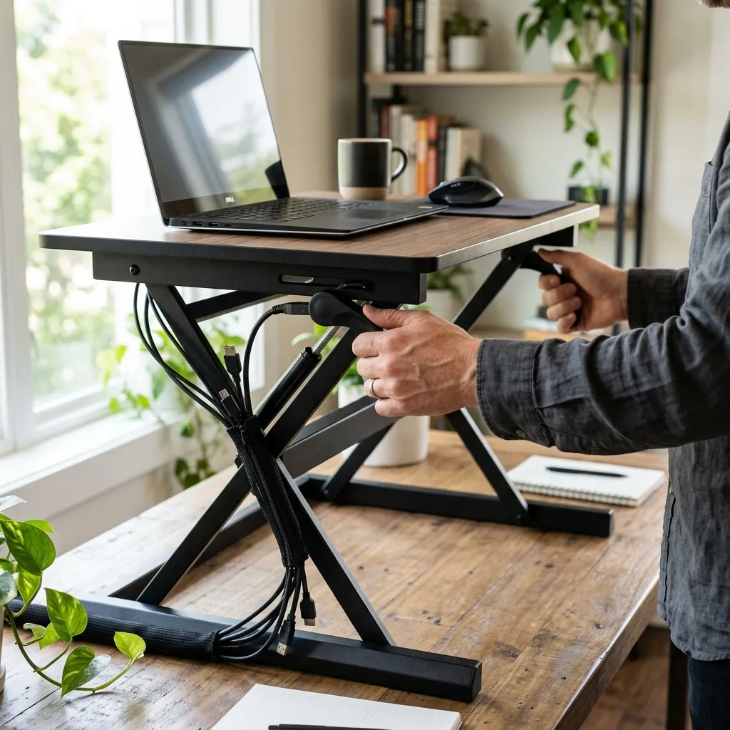 A professional smoothly adjusting a standing desk converter from a seated to a standing position