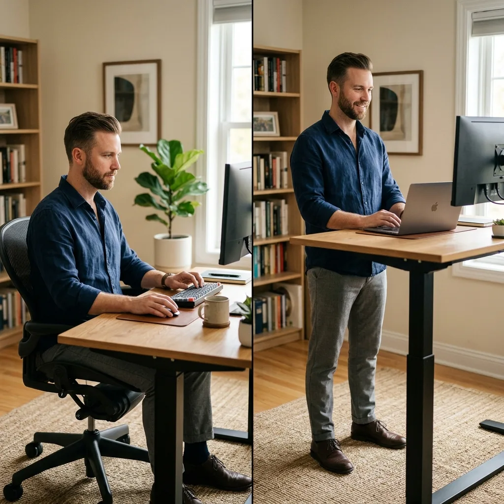 Standing vs sitting desk health guide: Split view comparing ergonomic setups
