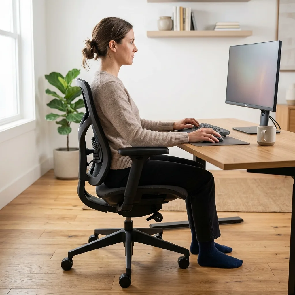 A close up of a professional sitting with perfect posture, feet flat on the floor
