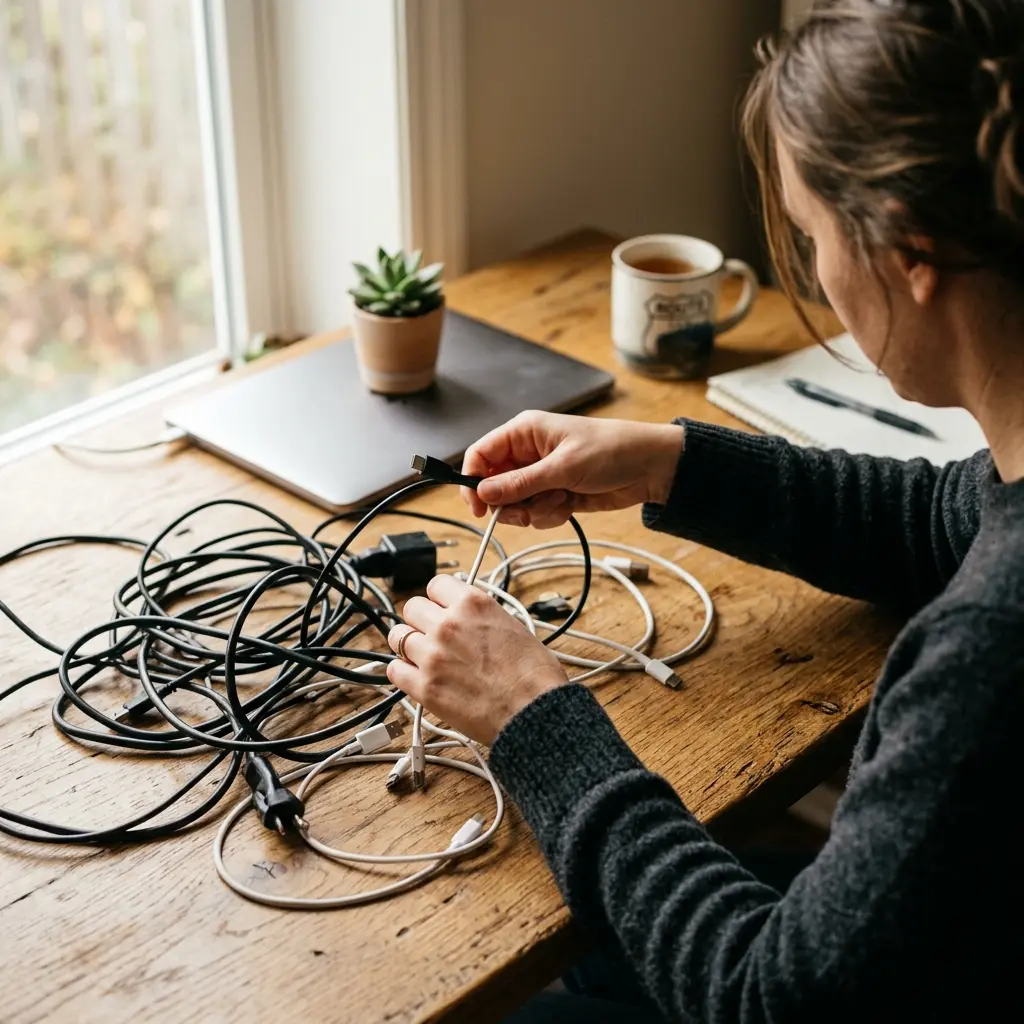 A professional unplugging all cables to begin a fresh under-desk cable management audit