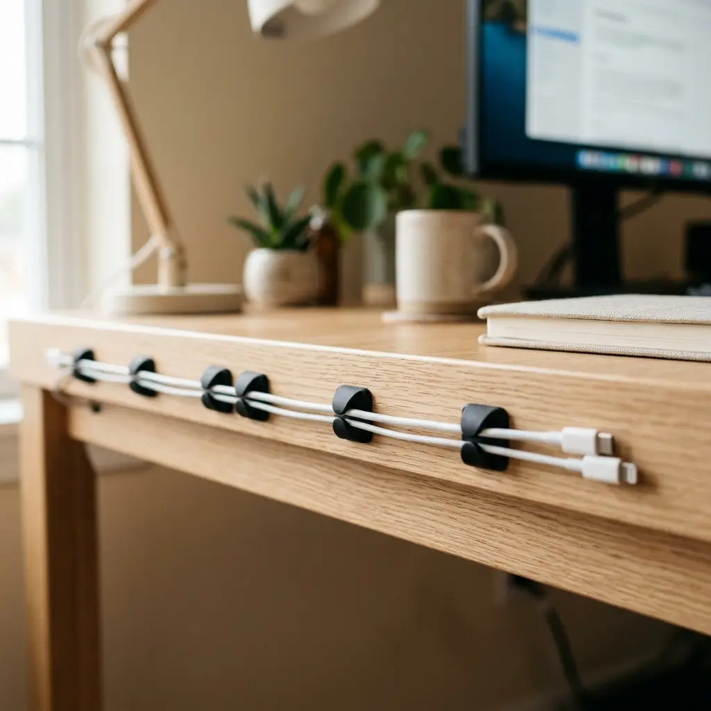 Thin white cables routed invisibly along the back edge of a desk using black adhesive clips