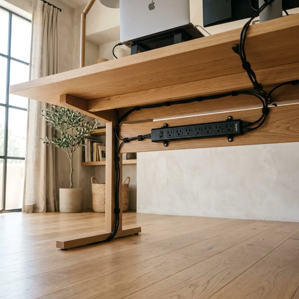 Under-desk cable management: A clean office desk showing perfectly concealed wires underneath the surface