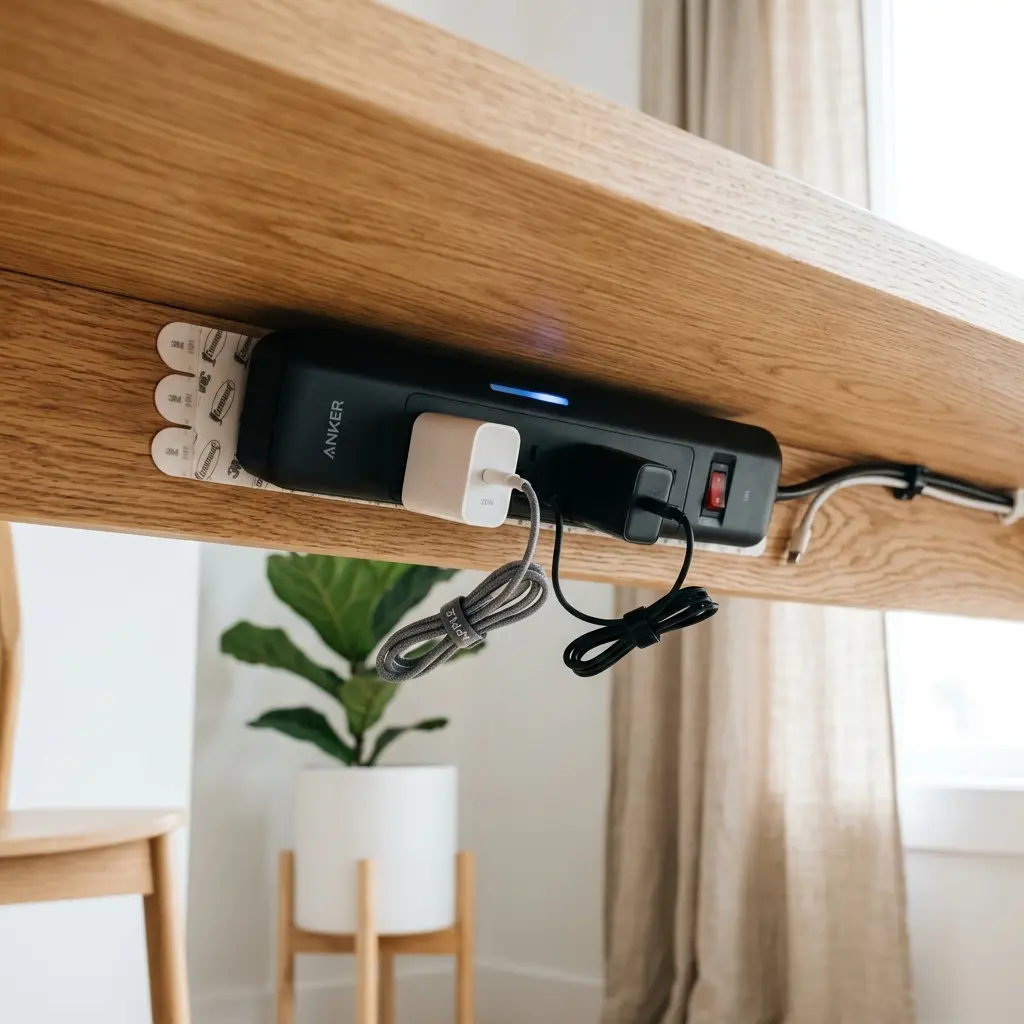 A heavy-duty power strip securely mounted to the underside of a wooden desk using strong adhesive