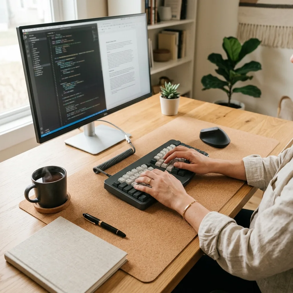 A professional typing with perfect neutral wrist posture on a natural cork desk mat