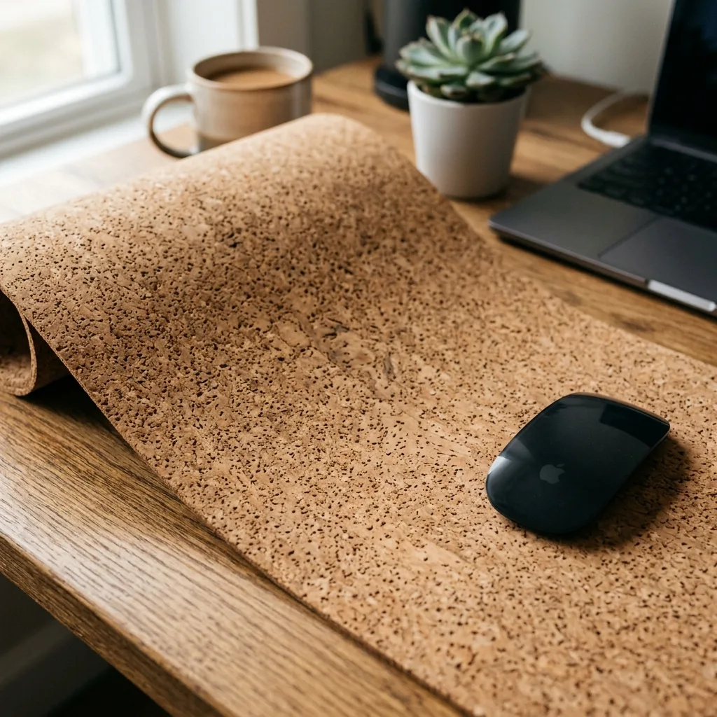 Macro detail shot of a premium natural cork desk mat showing its soft, supportive texture