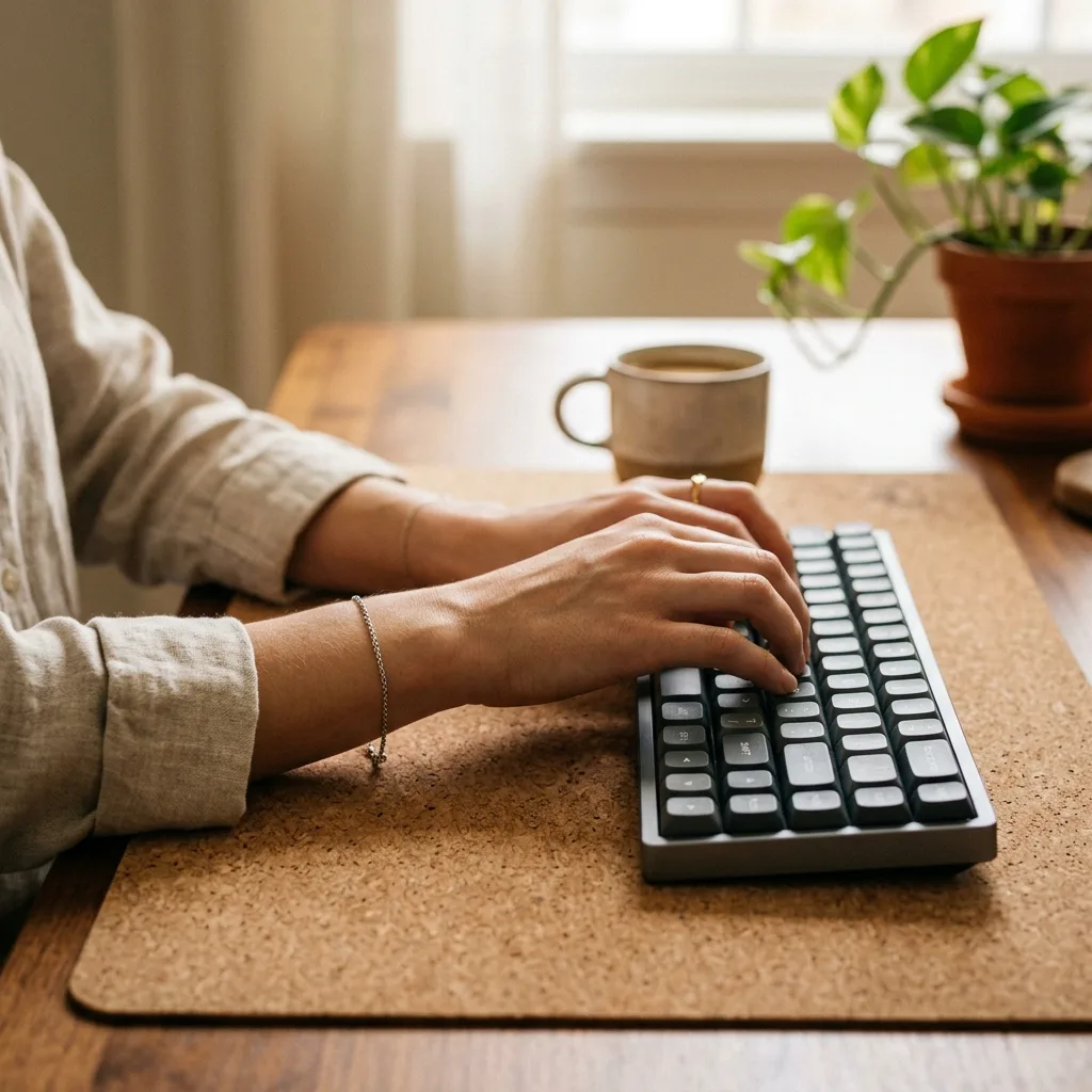 A profile close up of a hand resting completely flat and level while typing on a slim keyboard