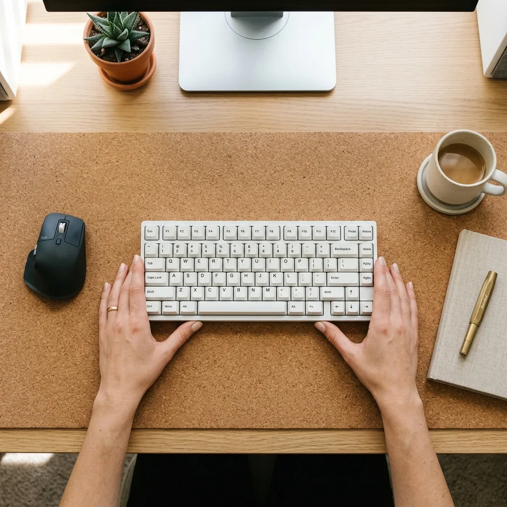 Hands demonstrating the proper placement of a slim keyboard directly in front of the body on a cork mat