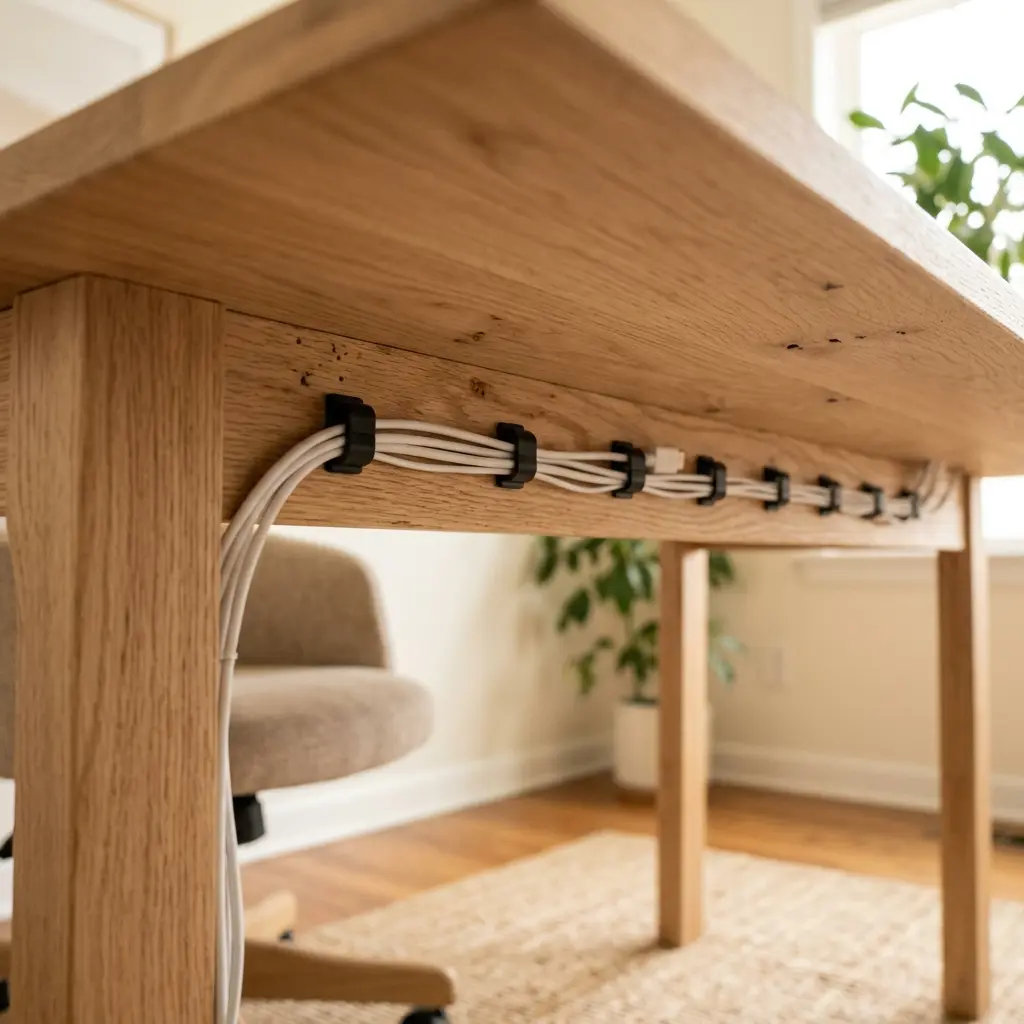 A view under a wooden desk showing thin white cords routed neatly through black adhesive cable clips