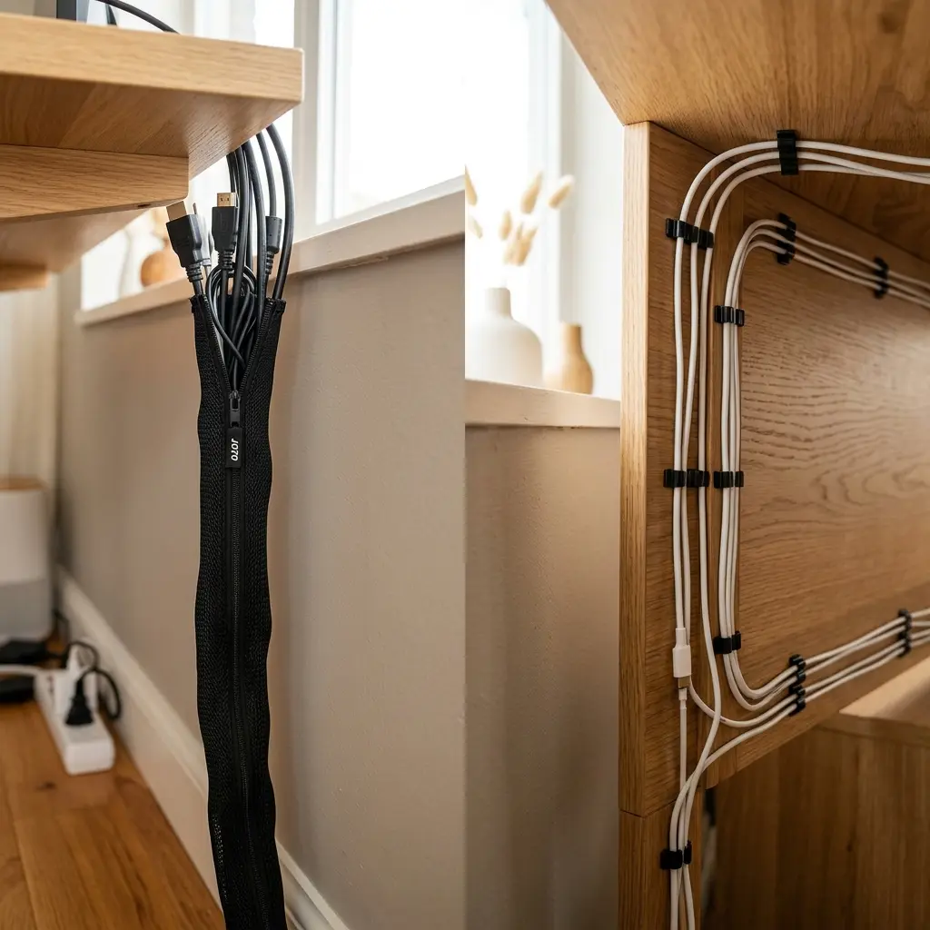 A split screen showing a sleek black zipper cable sleeve on the left and adhesive cable clips attached to a desk edge on the right