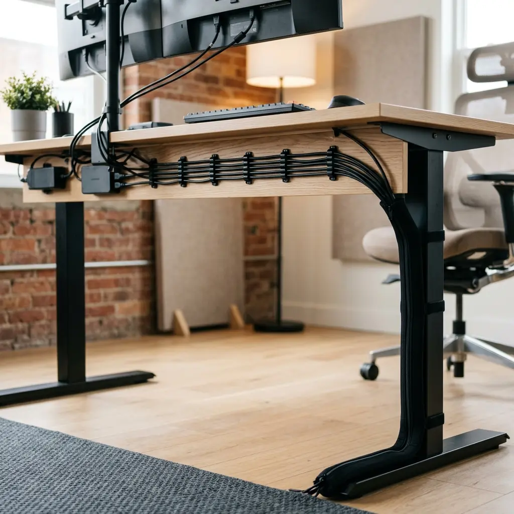 A perfectly managed desk showing clips routing wires horizontally into a main vertical zipper sleeve drop