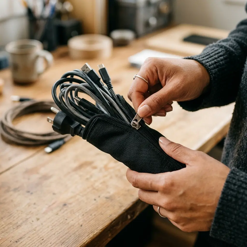 A close up of hands zipping a black fabric cable sleeve around three thick monitor cords