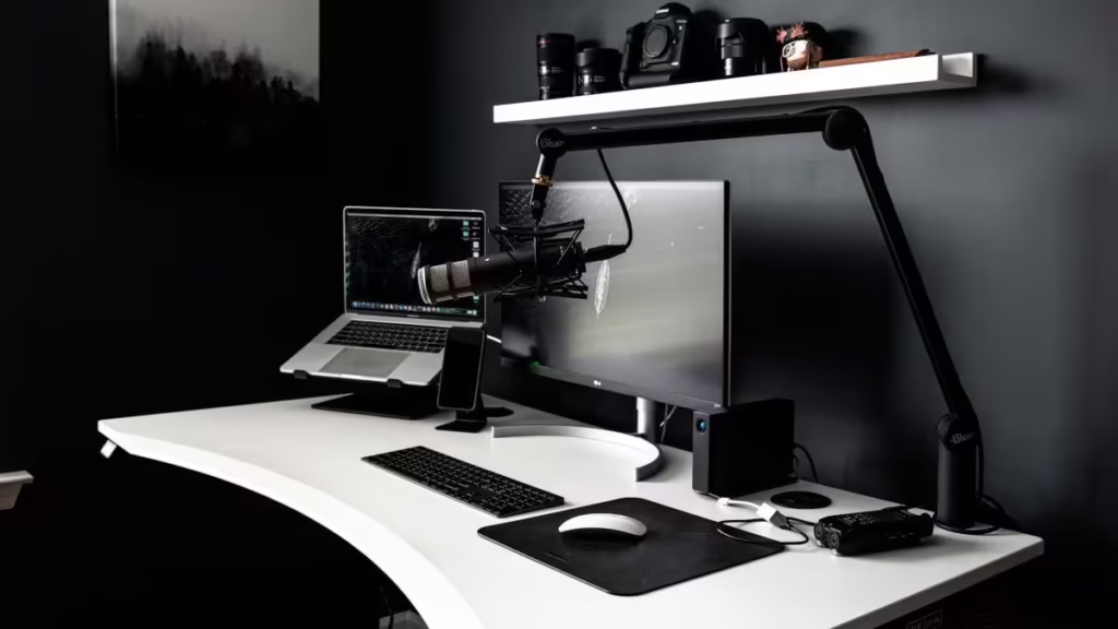 Holistic 2026 workspace with ergonomic furniture, cable management, and AI document system.