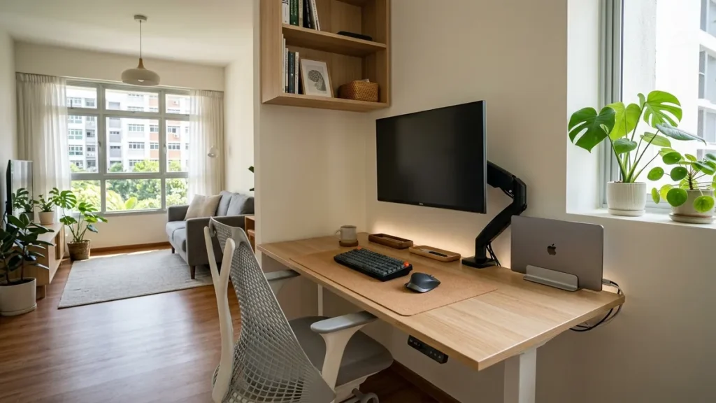 Compact 60cm deep home office desk in a Singapore HDB flat featuring an elevated monitor arm and vertical laptop dock